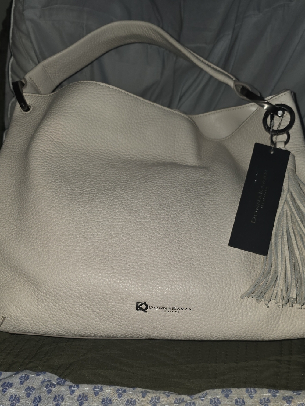 Donna Karan Ivory Pebbled Leather Shoulder Hobo with Tassel Accent